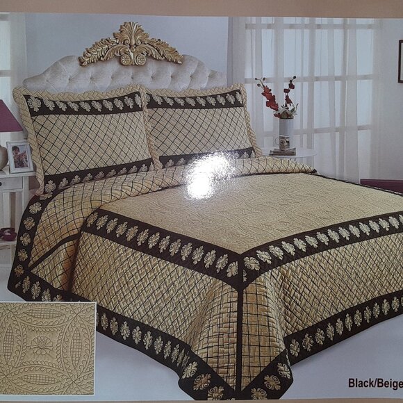 Damascus - Luxury Plush Quilted Bedspread with 3D Embroidery Vintage Royal Gold - Picture 4 of 5